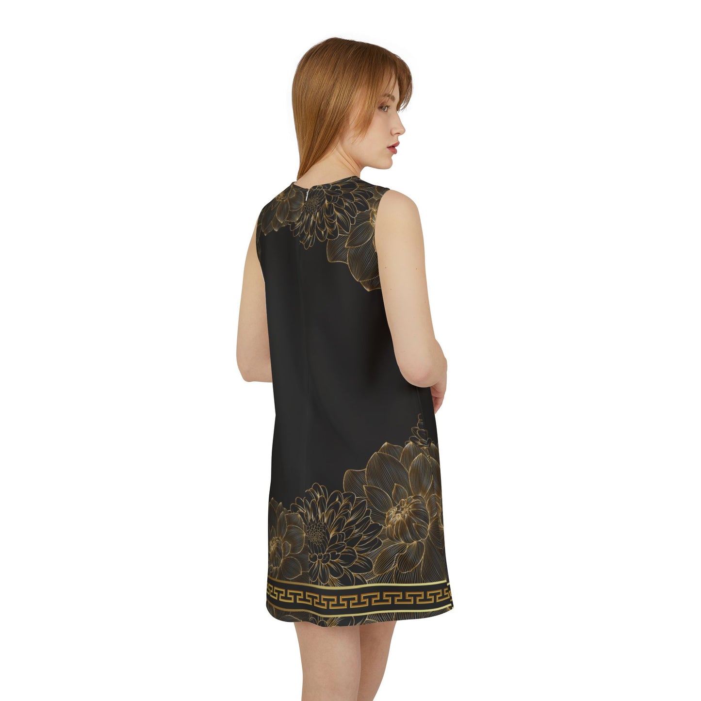 Gold Floral Black Greek Key A-line Sleeveless Dress