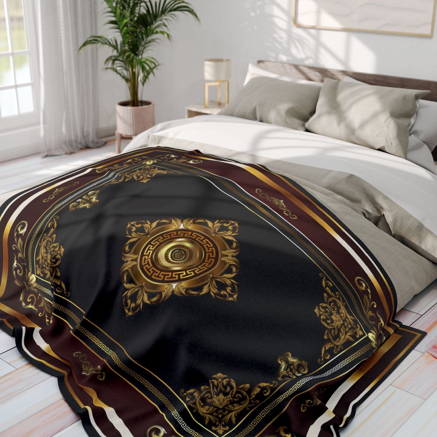 Ornate Baroque Greek Key Gold Black Maroon Arctic Fleece Blanket