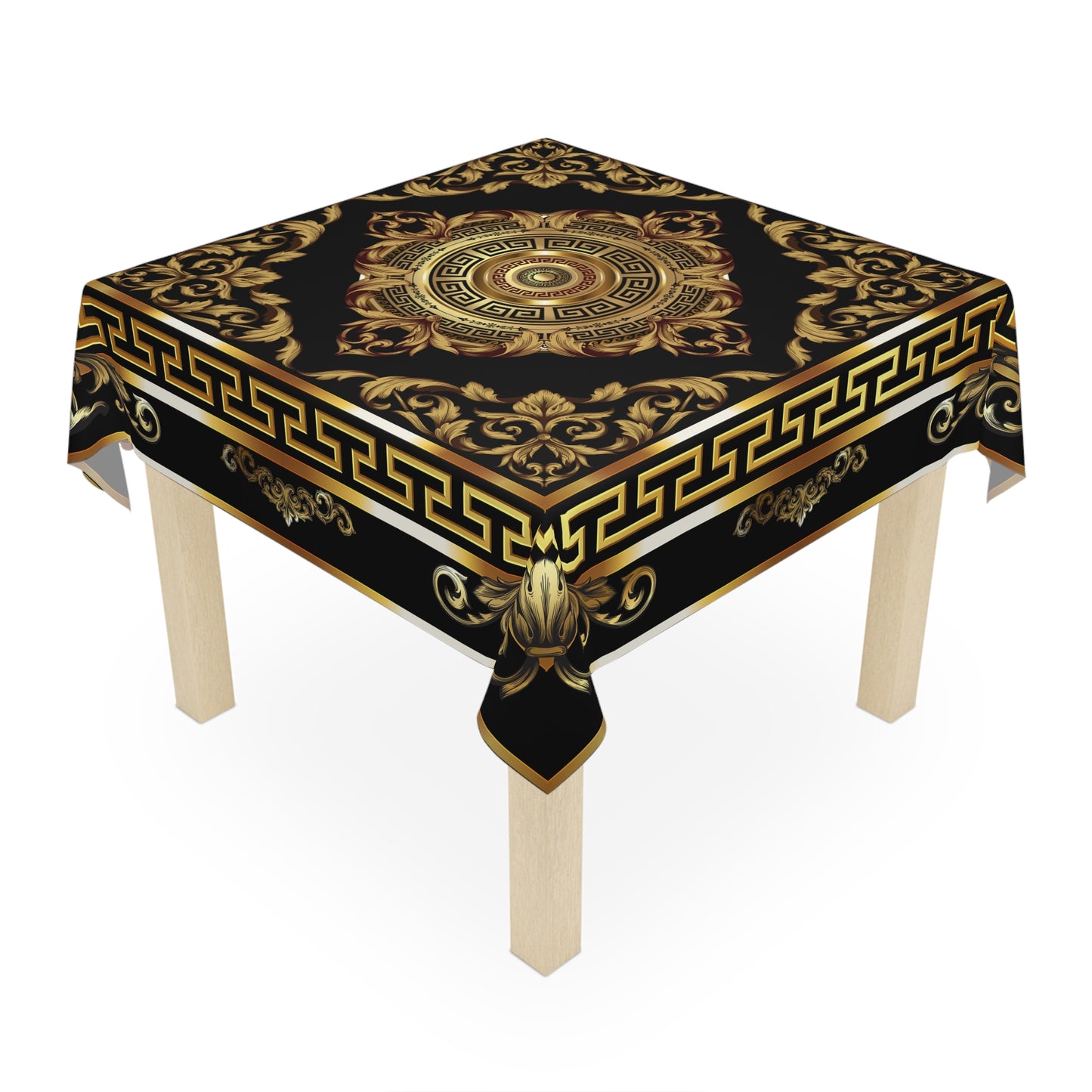 Gold Black Medallion Greek Key Ornate Baroque Tablecloth