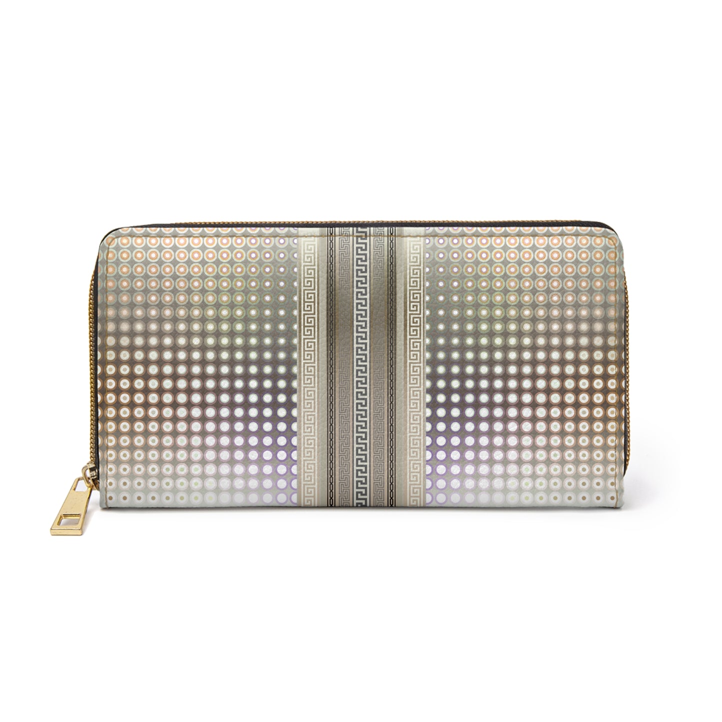 Greek Key Bronze Circles Zipper Vegan Leather Wallet