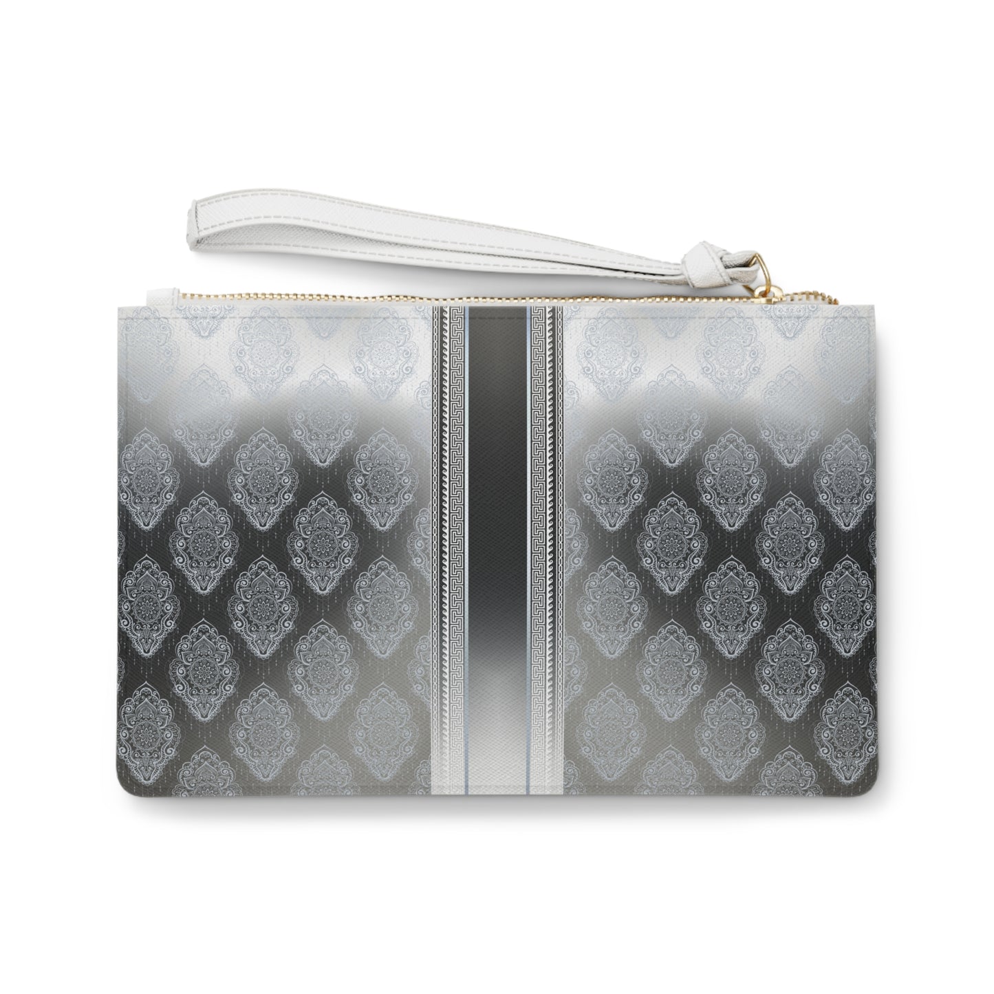 Greek Key Floral Silver Black Blue Clutch Bag