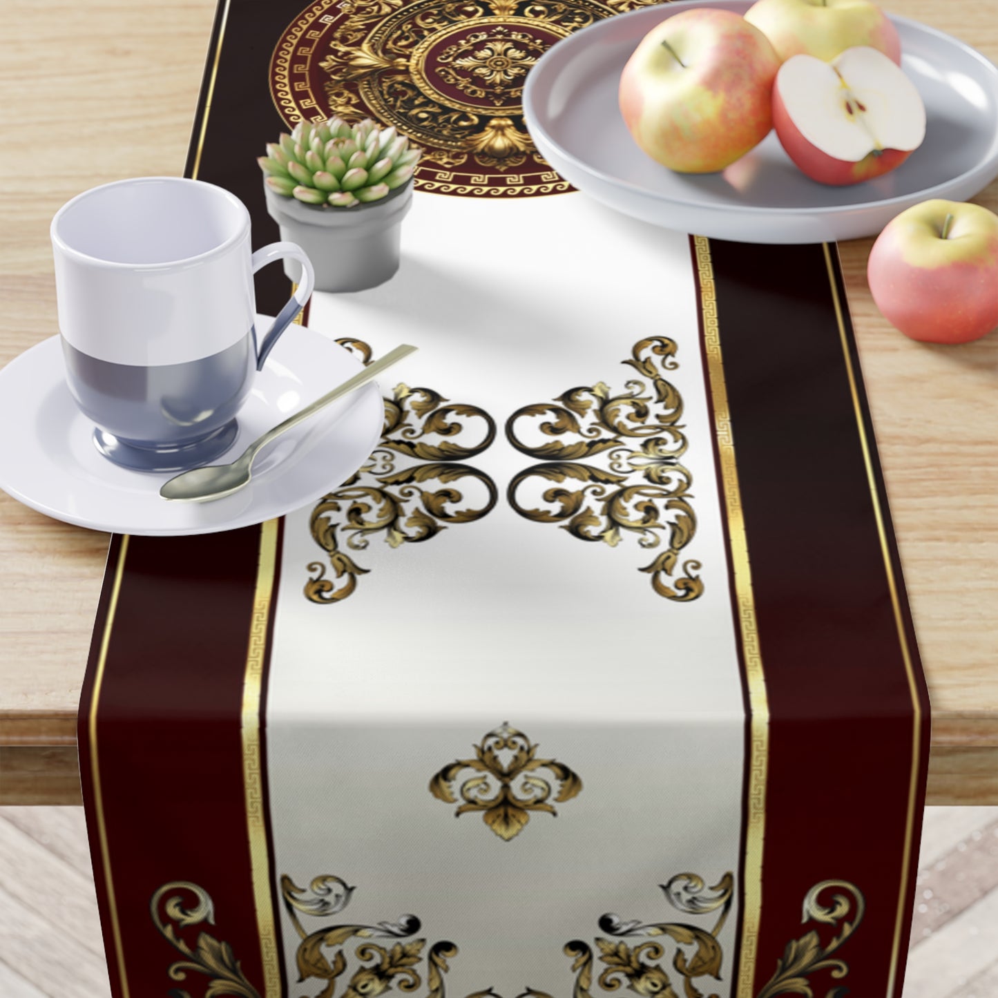 Greek Key Gold Black Maroon Cream Table Runner