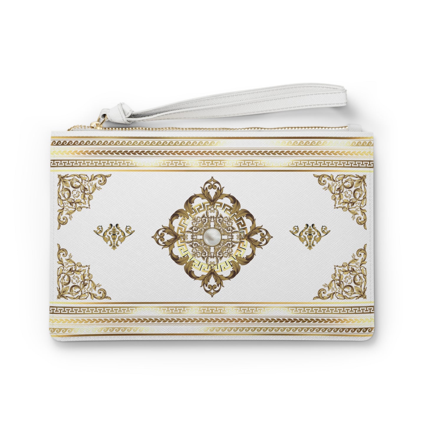 Greek Key White & Gold Medallion Vegan Leather Clutch Bag