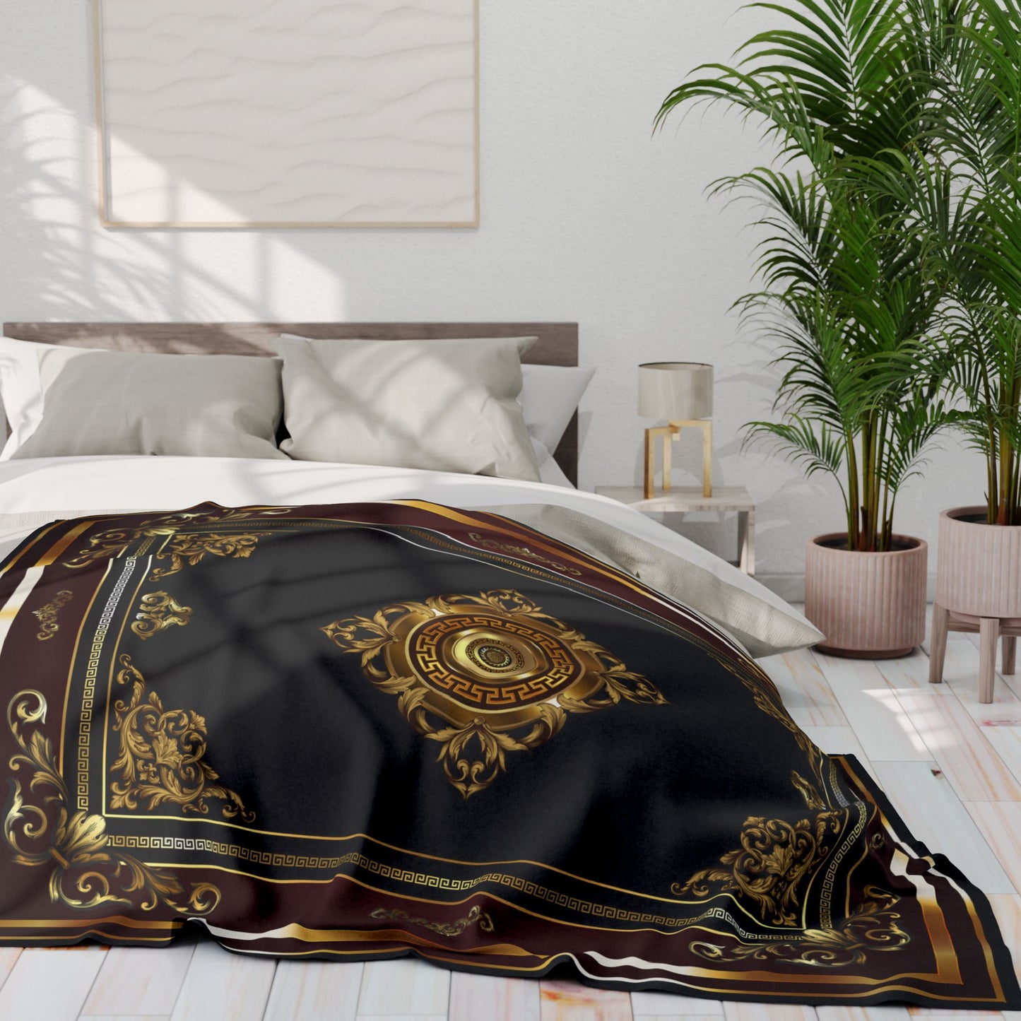 Ornate Baroque Greek Key Gold Black Maroon Arctic Fleece Blanket