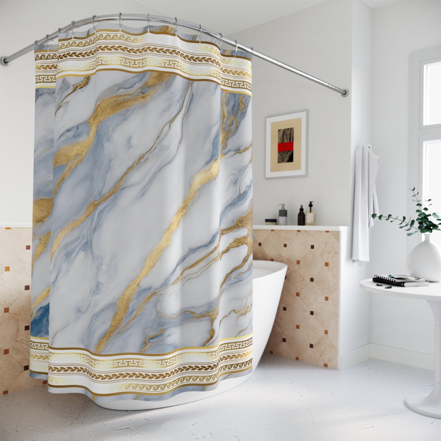 Greek Key Gold Aqua White Swirls Polyester Shower Curtain