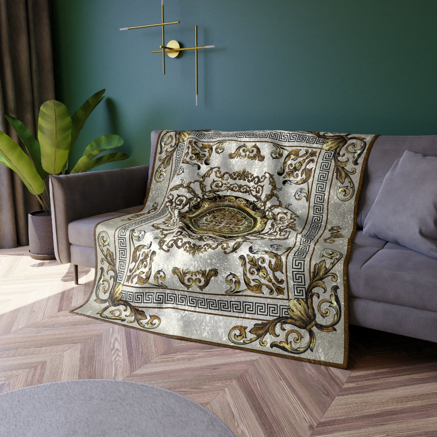 Ornate Greek Key Brown Black Gold Cream Crushed Velvet Blanket