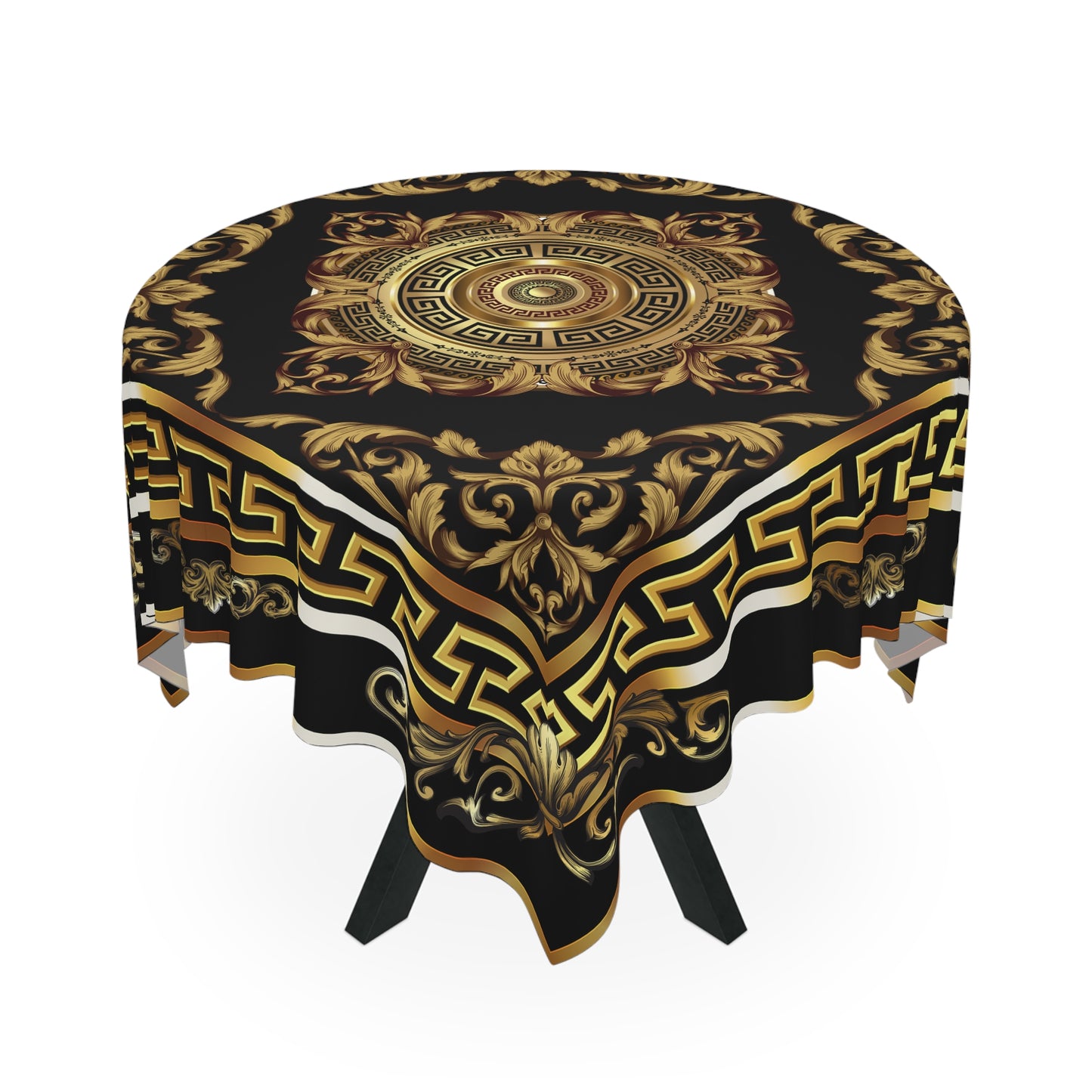 Gold Black Medallion Greek Key Ornate Baroque Tablecloth