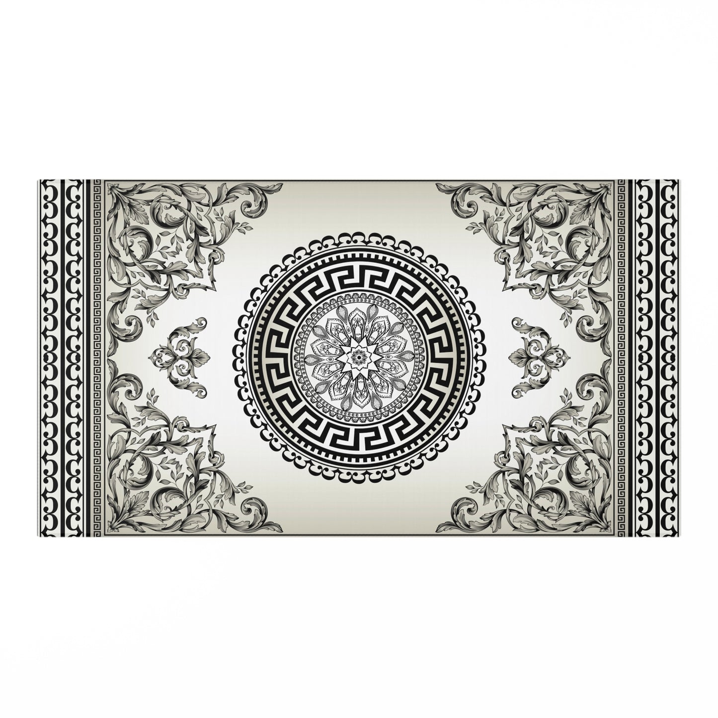 Cream Black Floral Ornate Baroque Greek Key Dornier Rug
