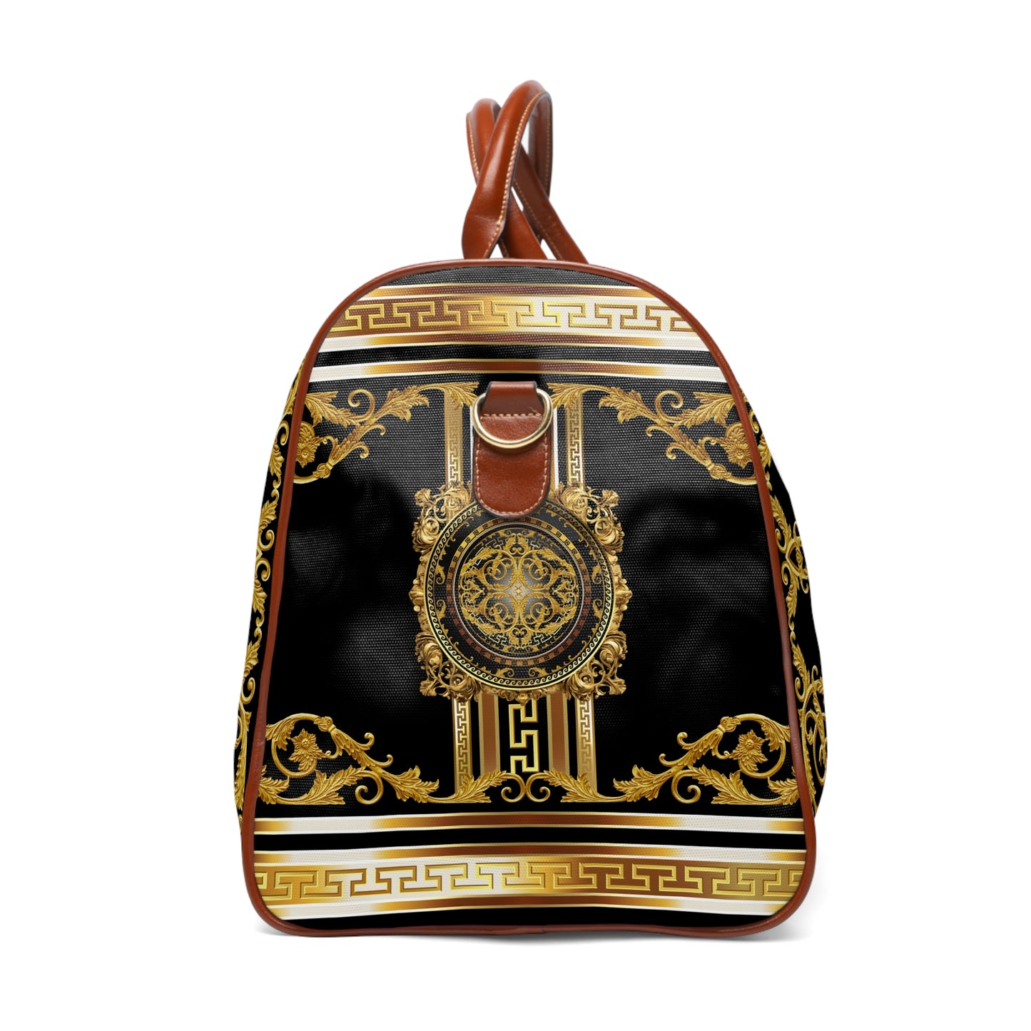 Baroque Ornate Gold Greek Key Black Waterproof Travel Bag