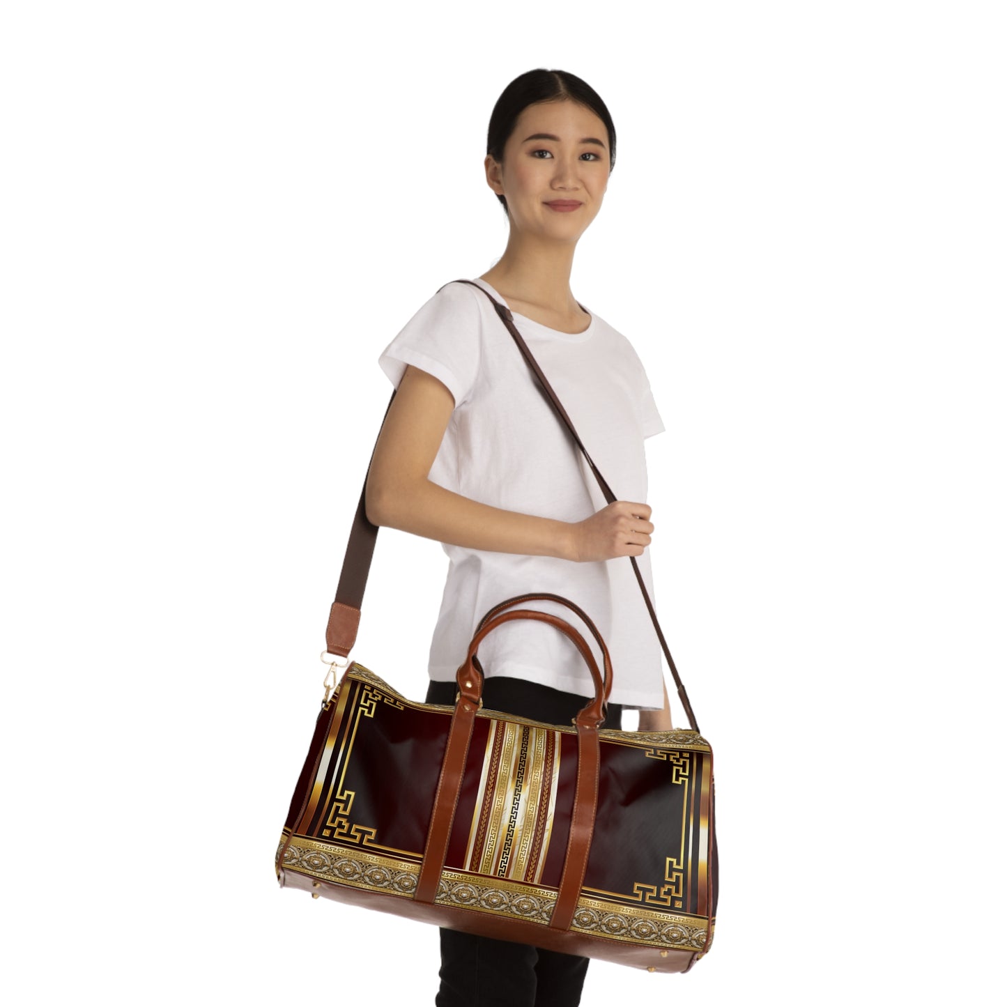 Maroon Gold Cream Large Greek Keys Waterproof Travel Bag