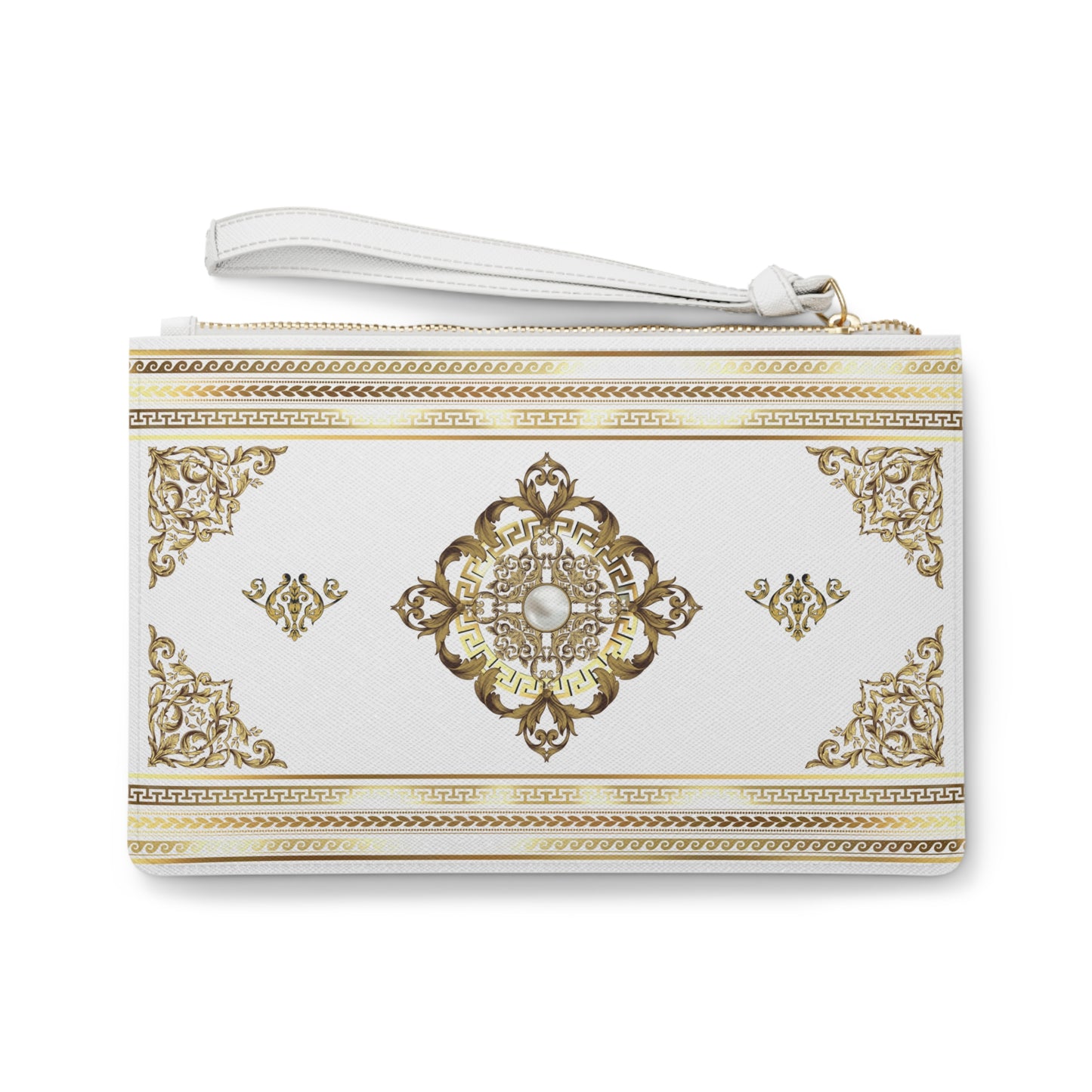 Greek Key White & Gold Medallion Vegan Leather Clutch Bag