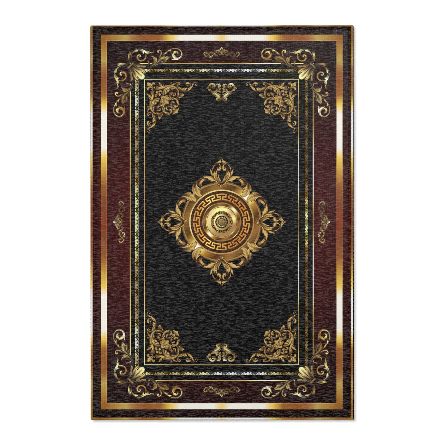 Baroque Gold Black Maroon Greek Key Ornate Area Rugs