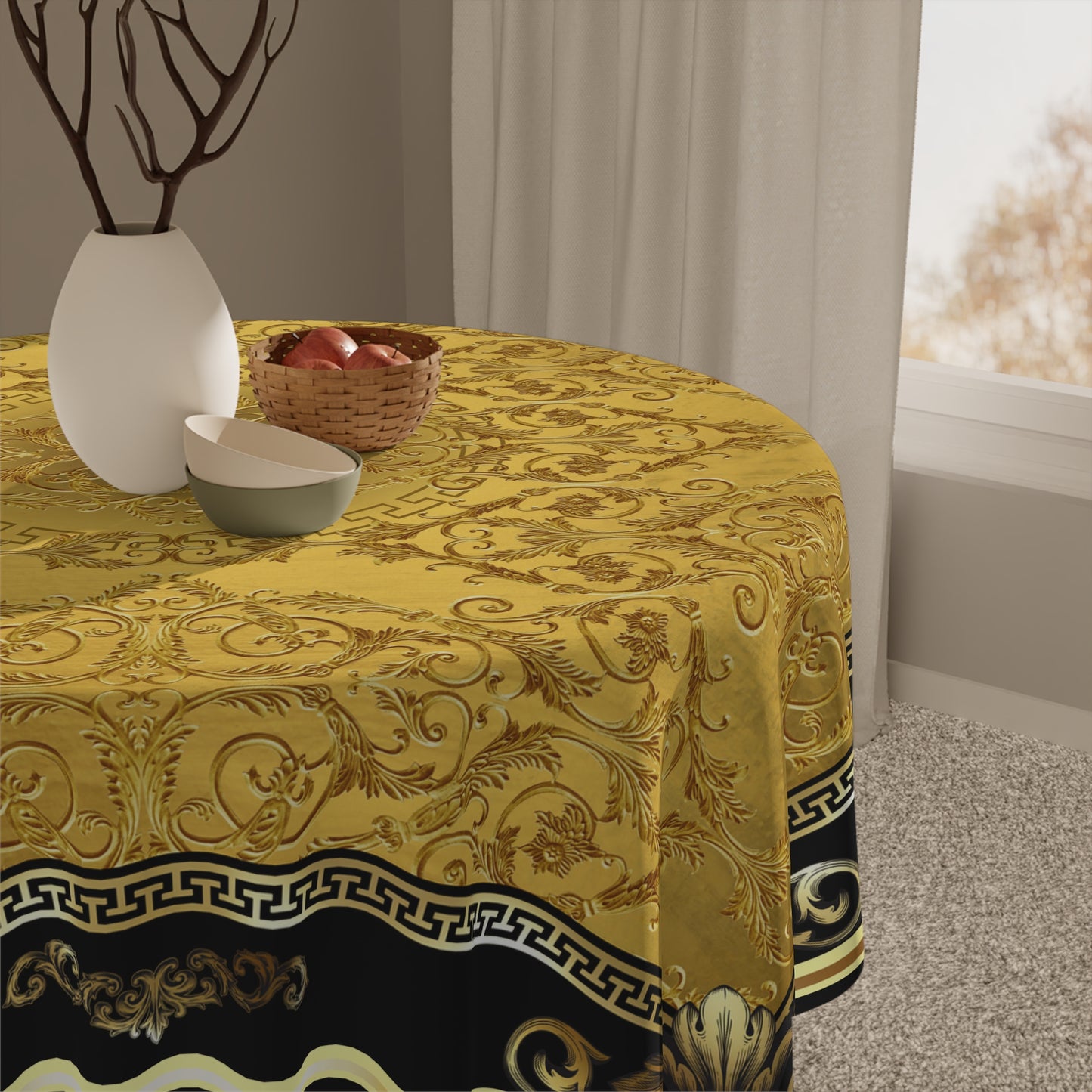 Gold Ornate Baroque Greek Key Black Tablecloth