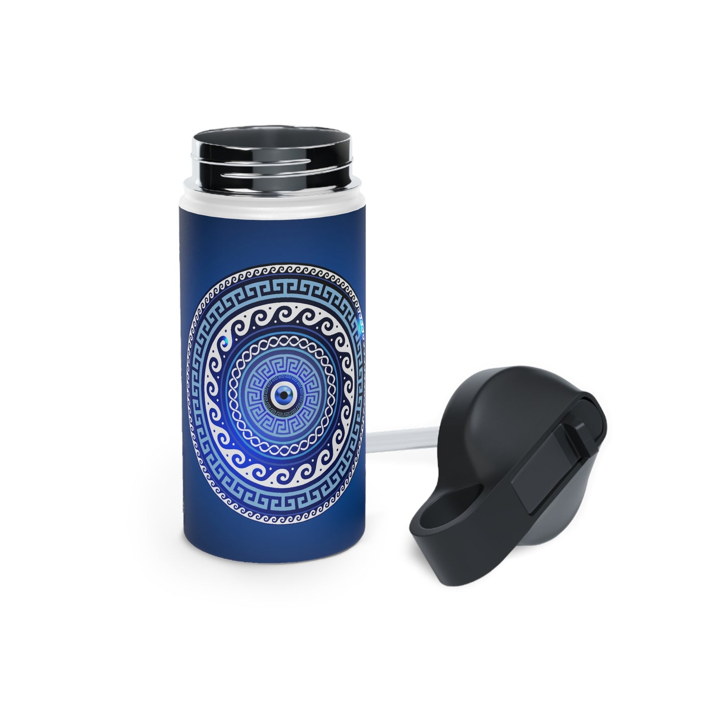 Mati Evil Eye Greek Key Blues Stainless Steel Water Bottle, Standard Lid