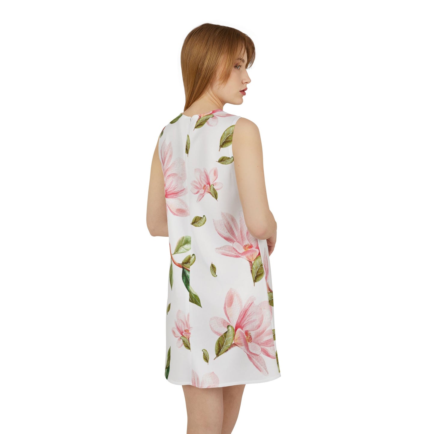 Pink White Green Floral Black A-line Sleeveless Dress