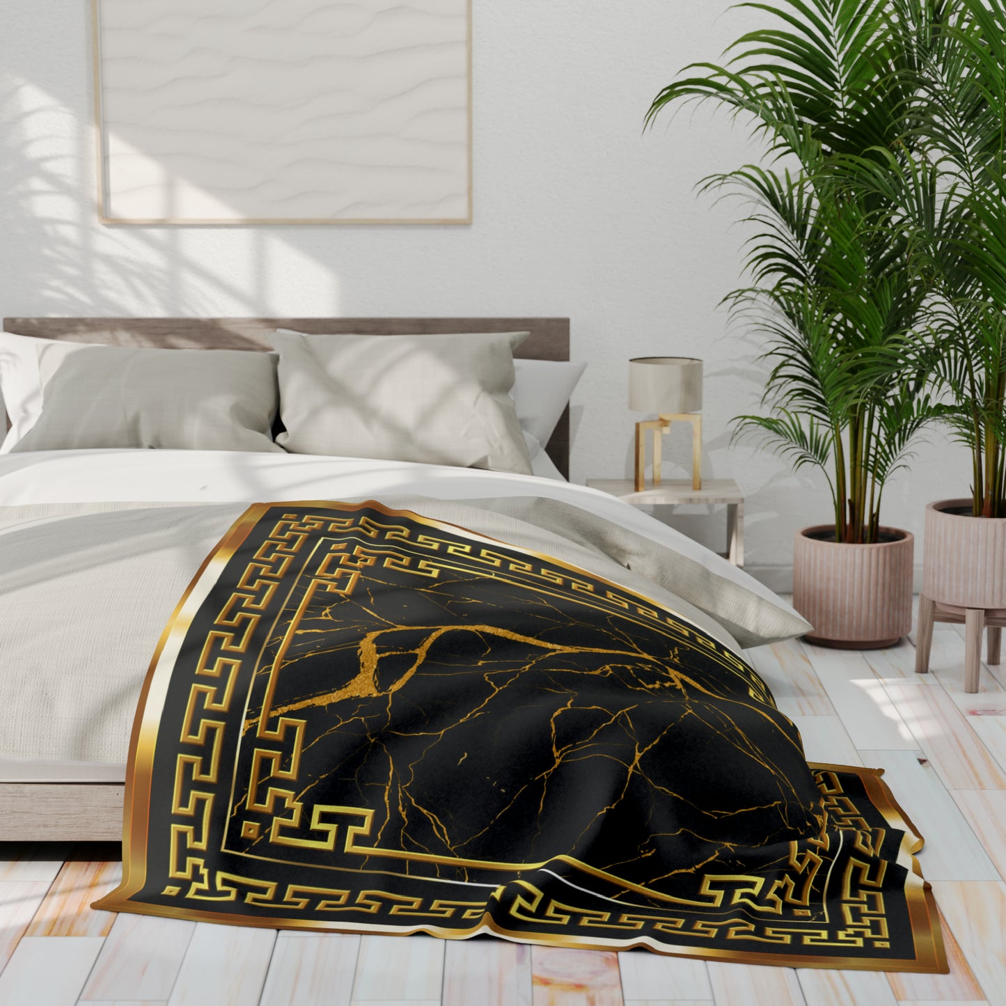 Greek Key Gold Black Marbleized Arctic Fleece Blanket
