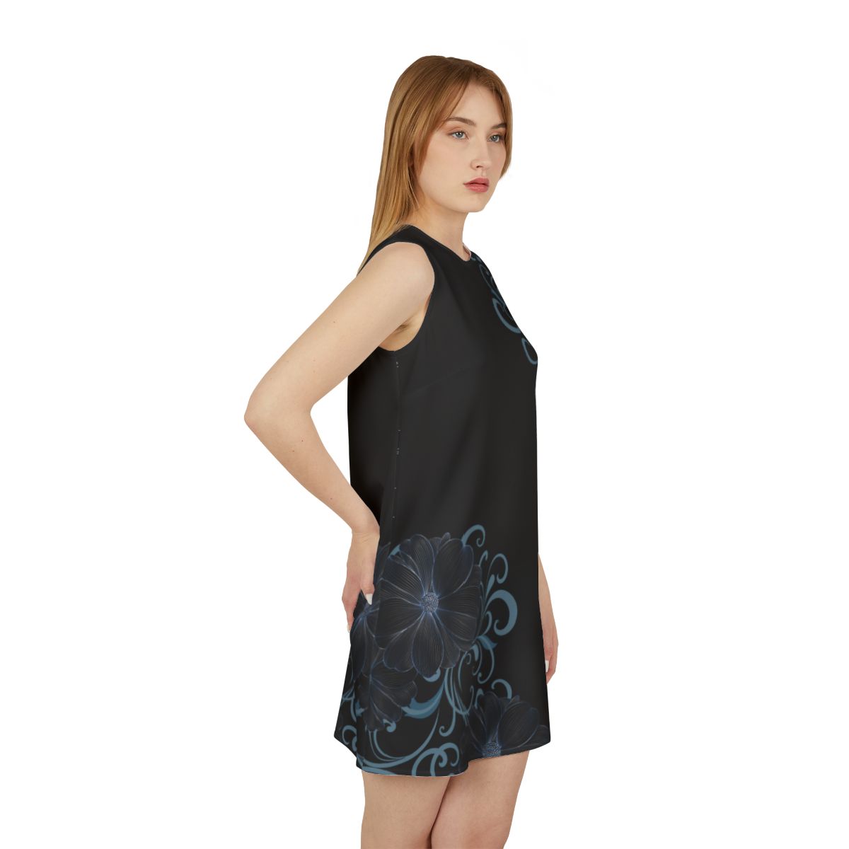 Blue Floral Black A-line Sleeveless Dress