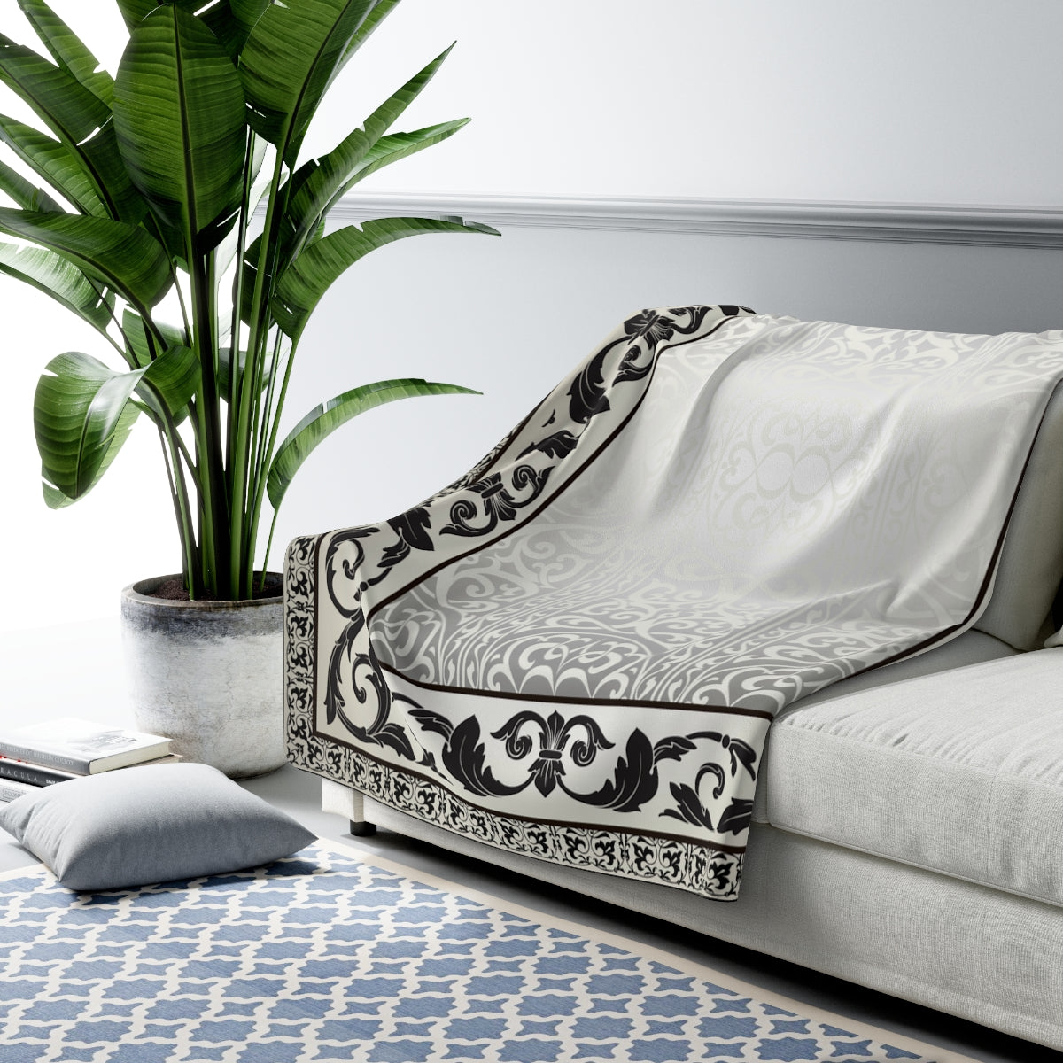 Khaki Black Gray Ornate Sherpa Fleece Blanket