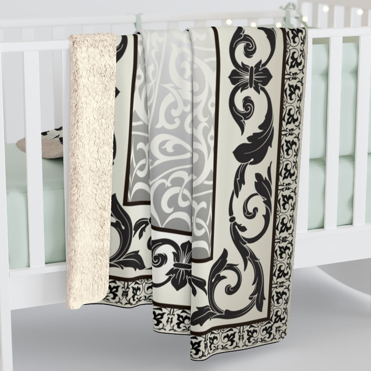 Khaki Black Gray Ornate Sherpa Fleece Blanket