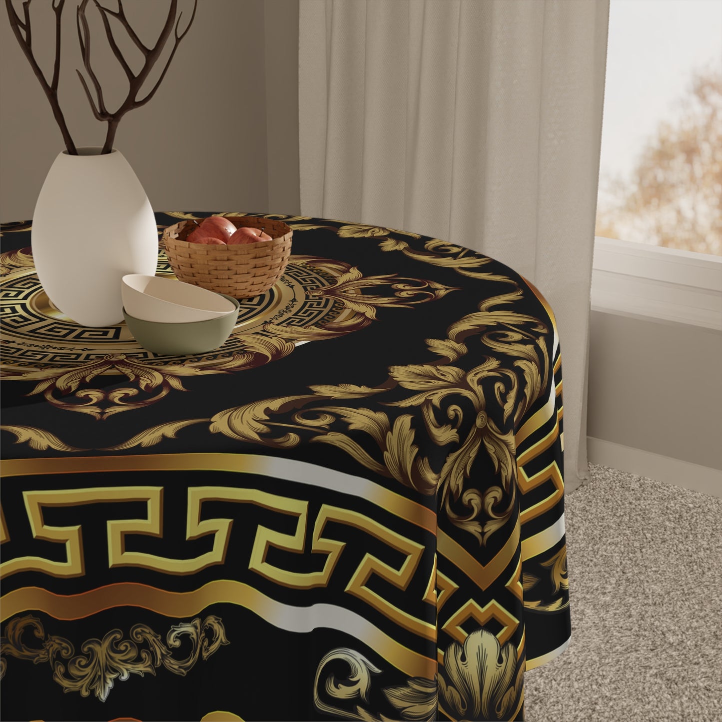 Gold Black Medallion Greek Key Ornate Baroque Tablecloth