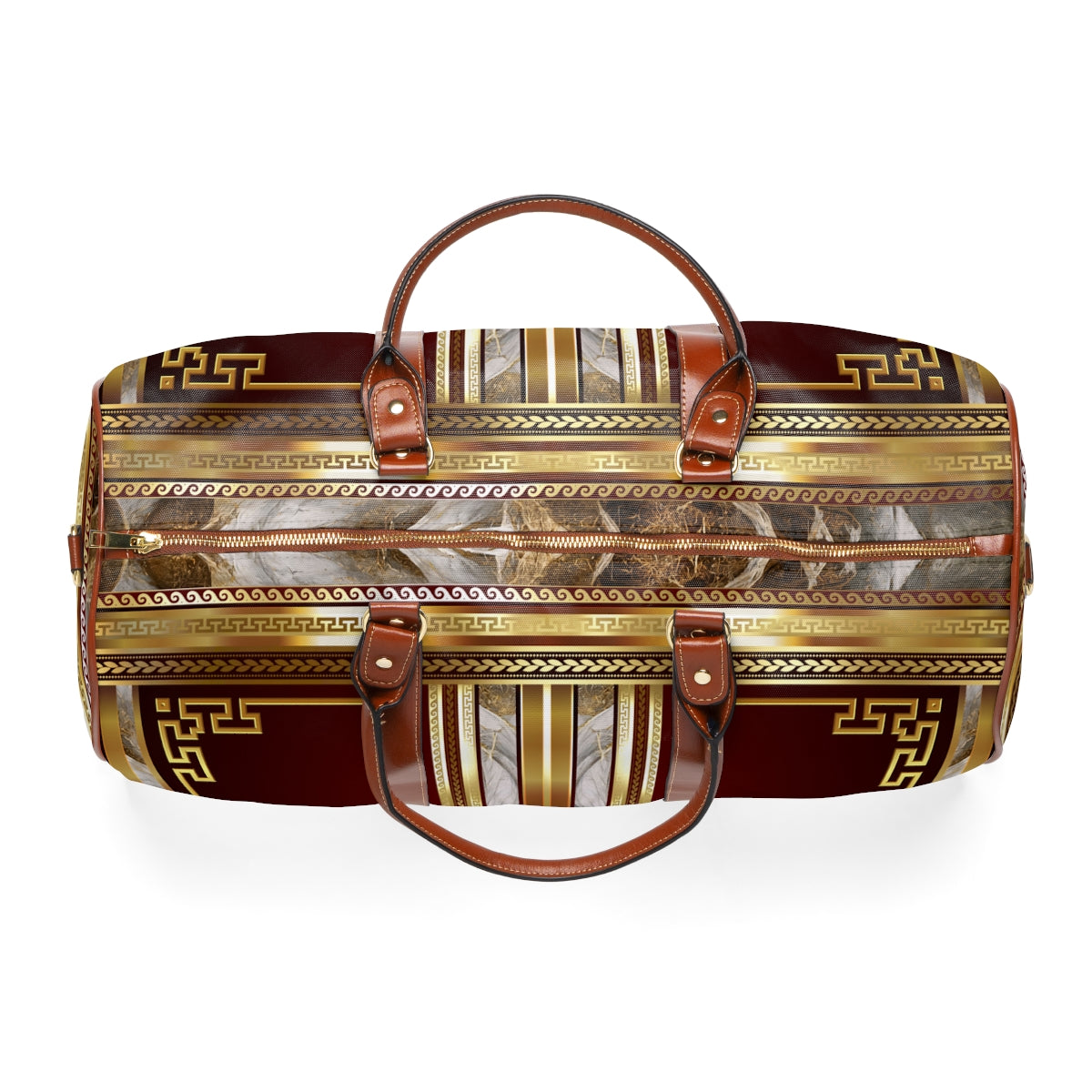 Greek Key Gold Maroon Stone Pattern Waterproof Travel Bag