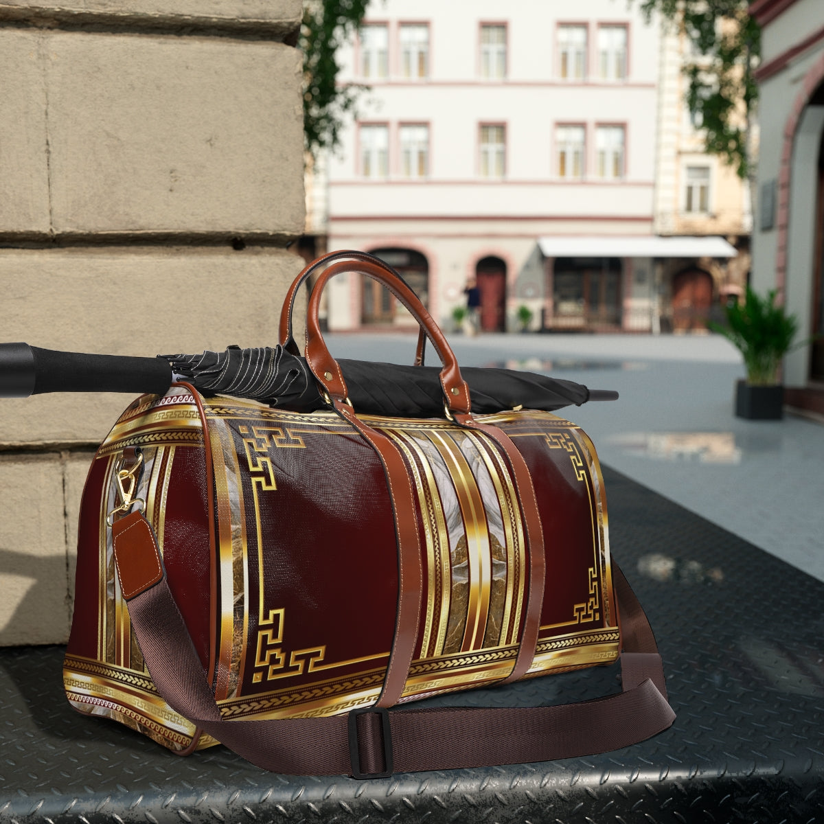 Greek Key Gold Maroon Stone Pattern Waterproof Travel Bag