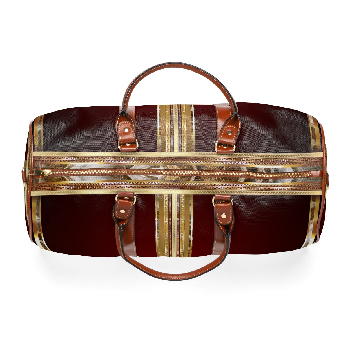 Greek Key Maroon Gold Stone Pattern Waterproof Travel Bag