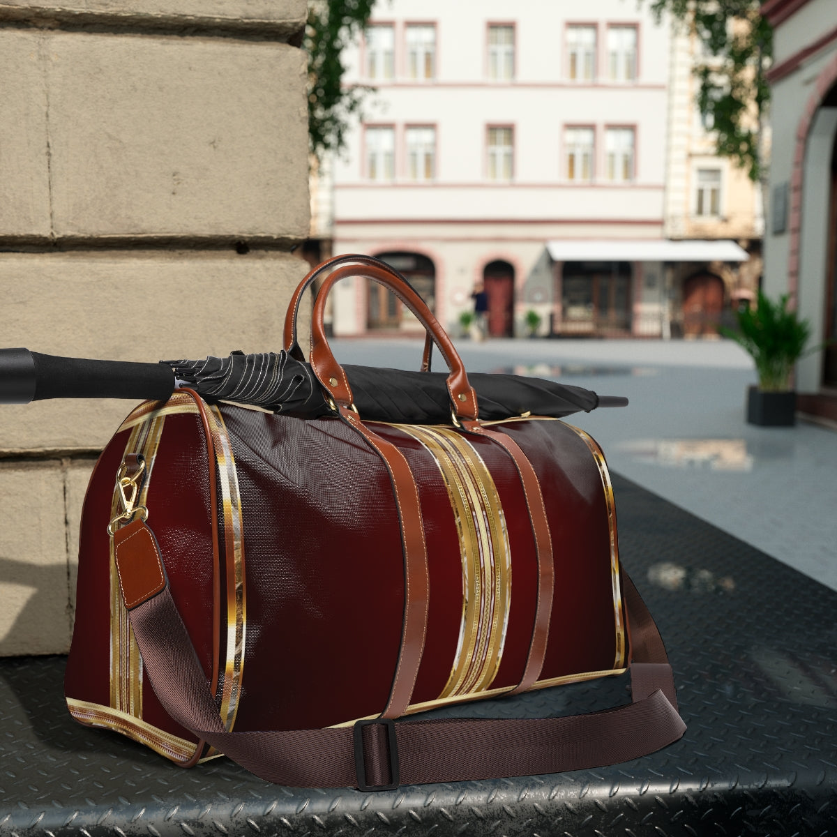 Greek Key Maroon Gold Stone Pattern Waterproof Travel Bag