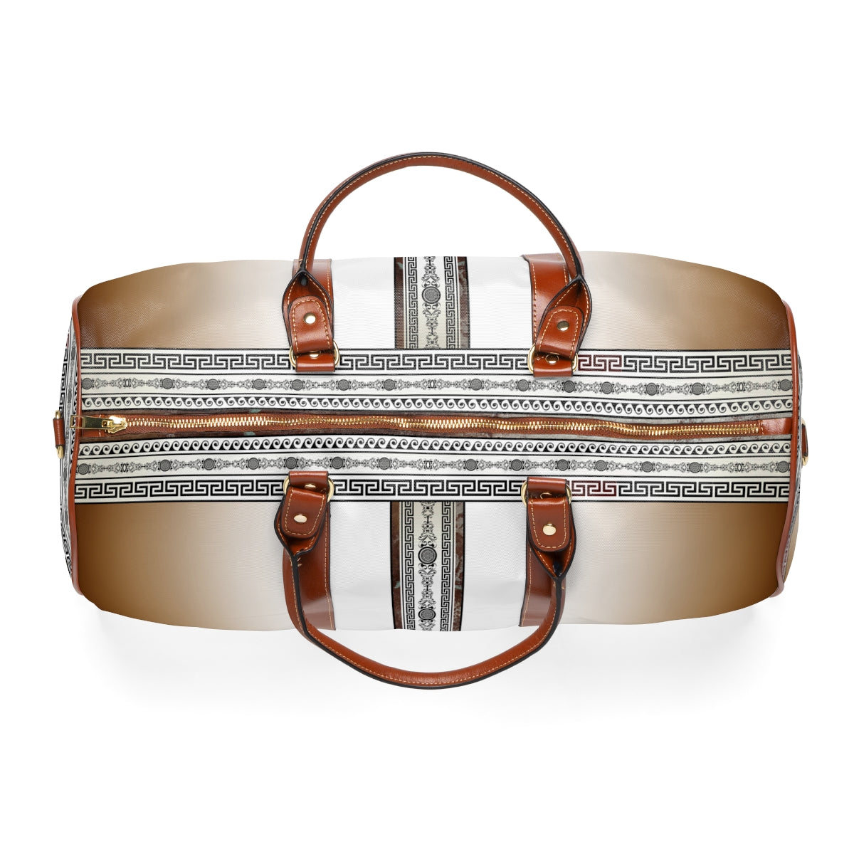 Greek Key Brown Khaki White Waterproof Travel Bag