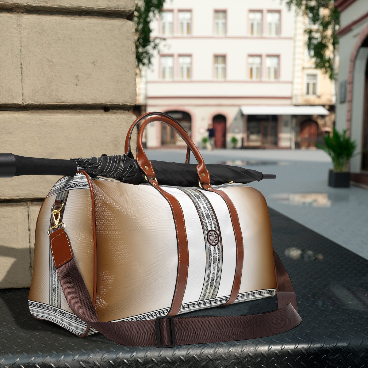 Greek Key Brown Khaki White Waterproof Travel Bag