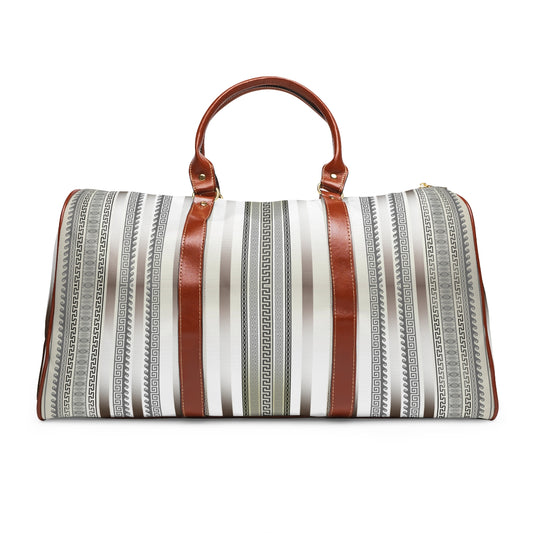 Greek Key Stripe Khaki Gray Waterproof Travel Bag