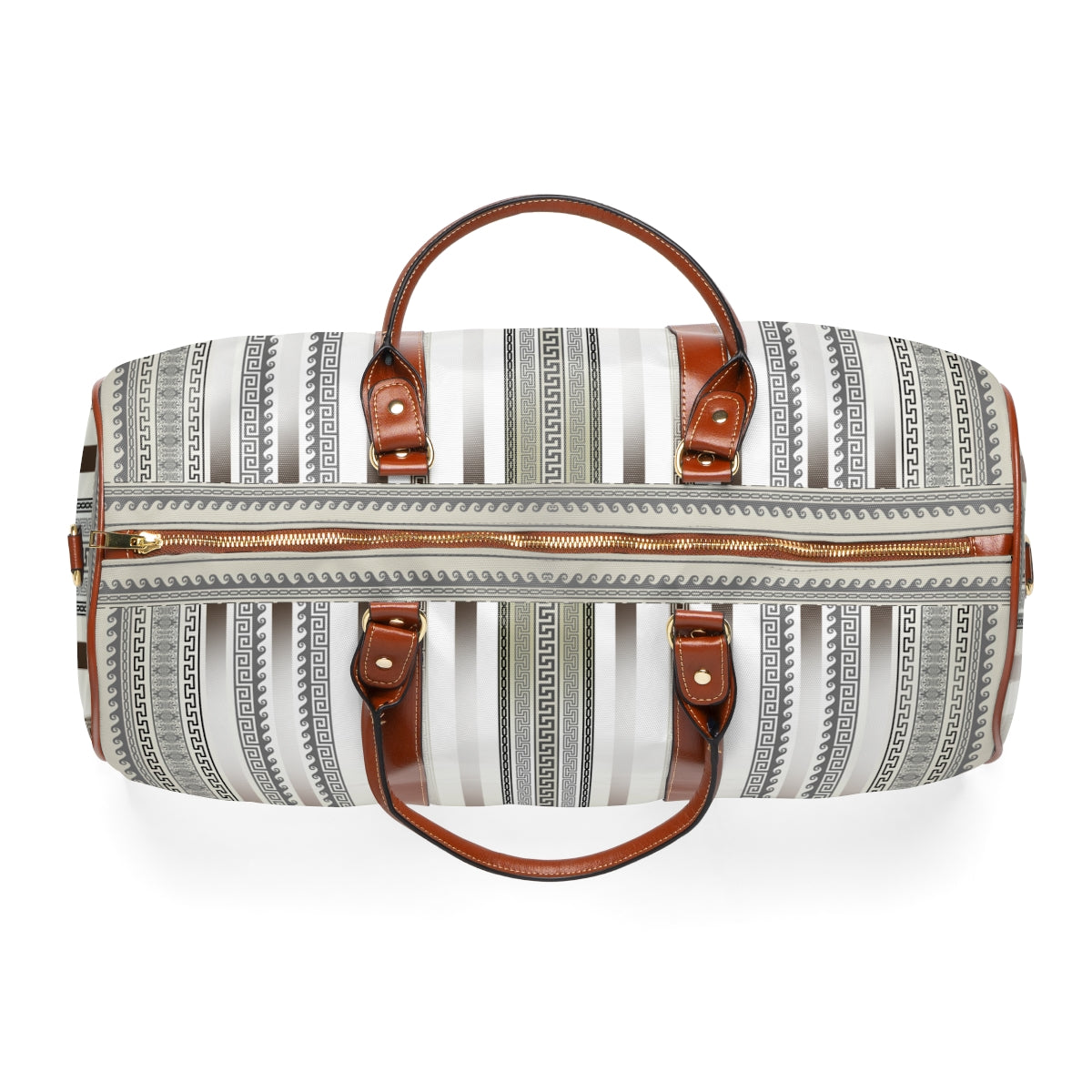Greek Key Stripe Khaki Gray Waterproof Travel Bag