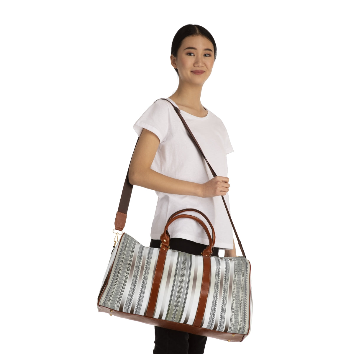 Greek Key Stripe Khaki Gray Waterproof Travel Bag