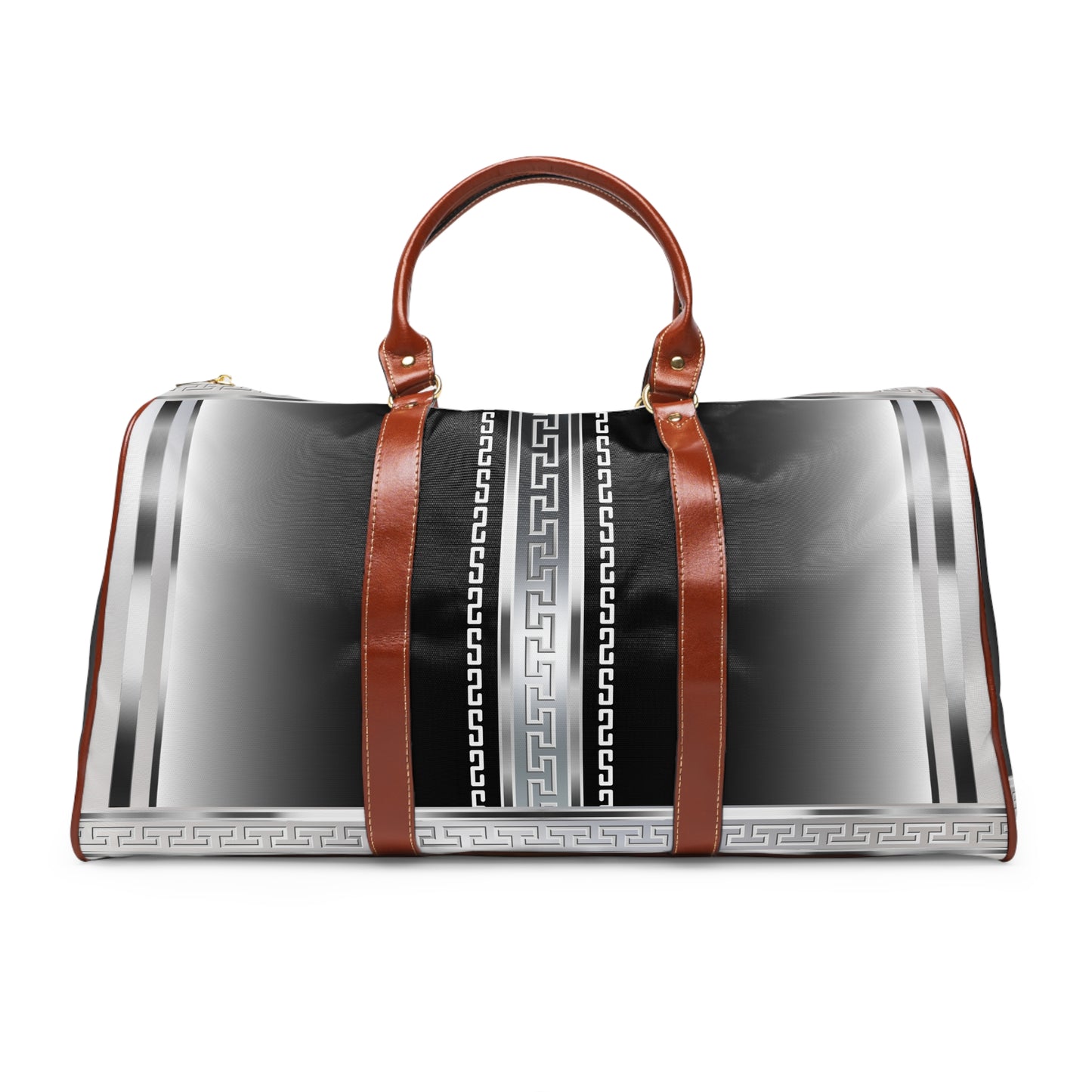 Black and Silver Greek Keys Waterproof Travel Bag