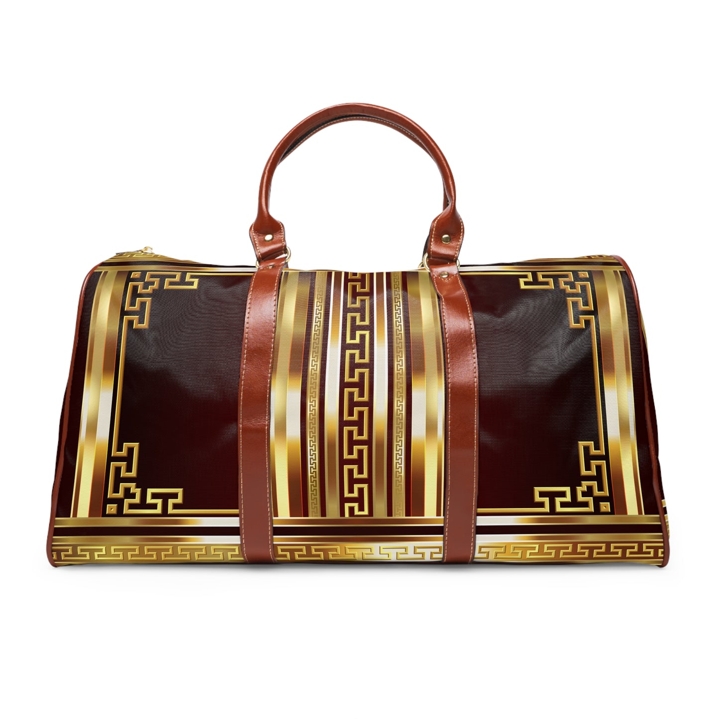 Gold Greek Keys Maroon Waterproof Travel Bag