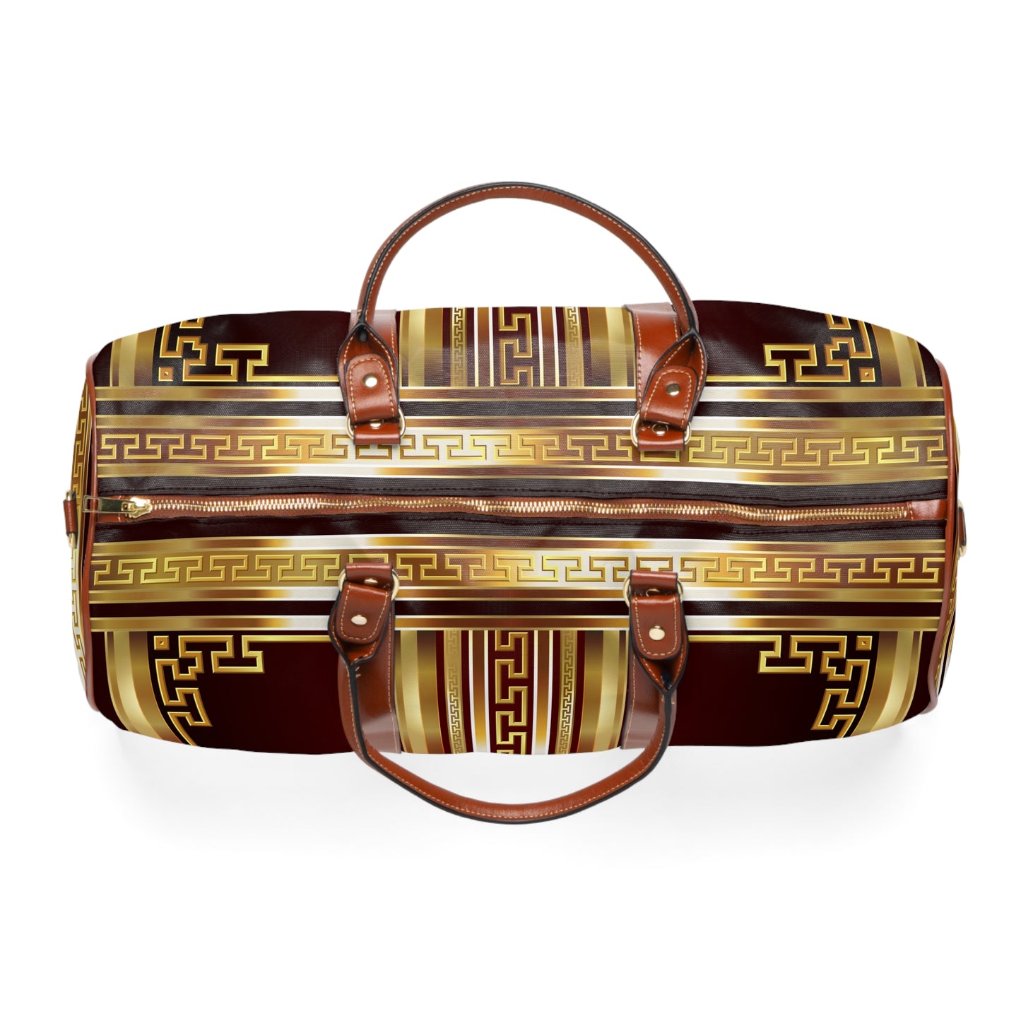 Gold Greek Keys Maroon Waterproof Travel Bag