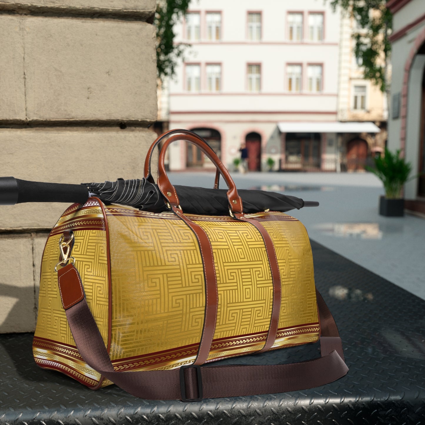 Gold Greek Key Maroon Trim Waterproof Travel Bag