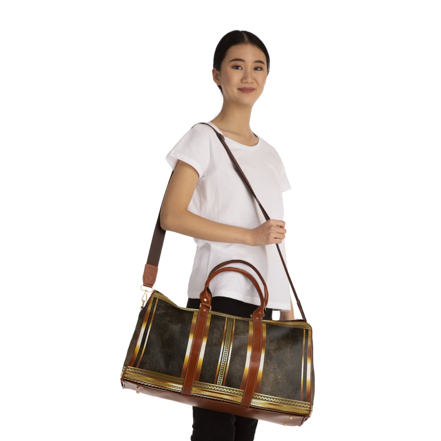Brown Gold Greek Key Waterproof Travel Bag