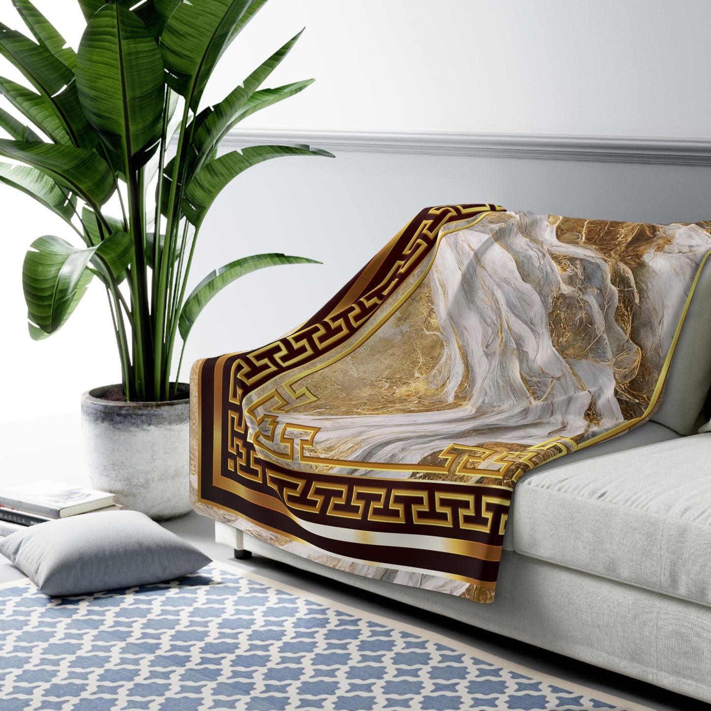 Greek Key GoldWhite Stone Sherpa Fleece Blanket