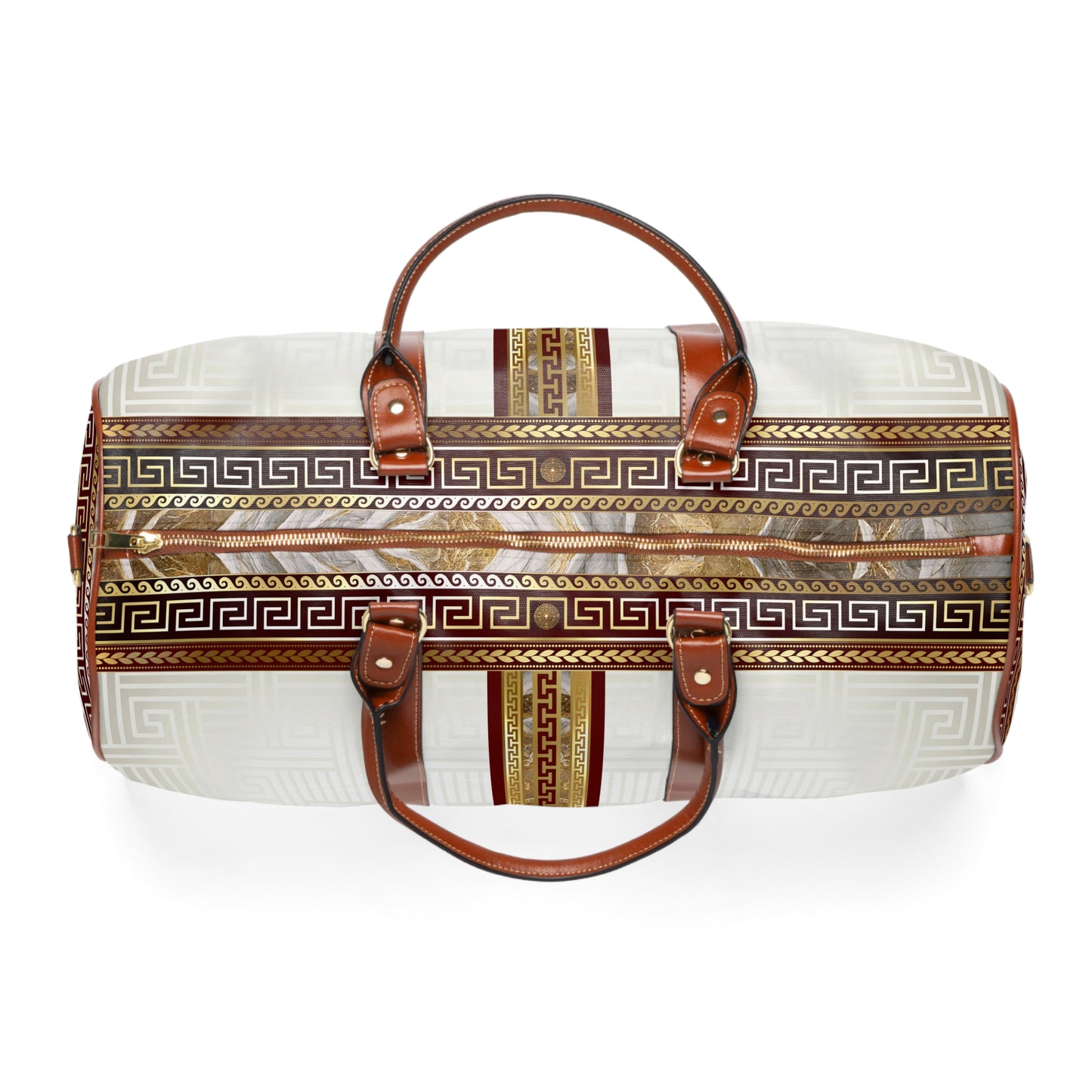 Cream Greek Keys Gold Maroon Waterproof Travel Bag