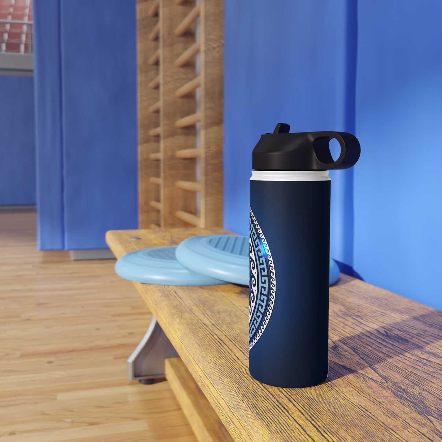 Mati Evil Eye Greek Key Blues Stainless Steel Water Bottle, Standard Lid