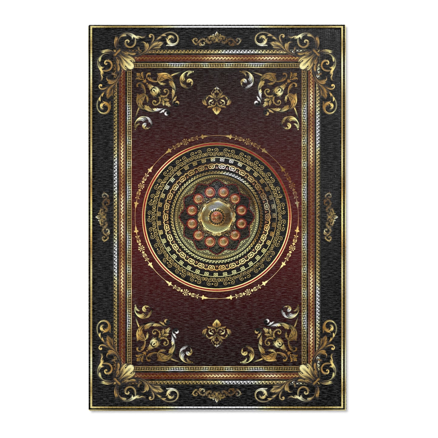 Greek Key Maroon Red Black Gold Ornate Baroque Area Rugs