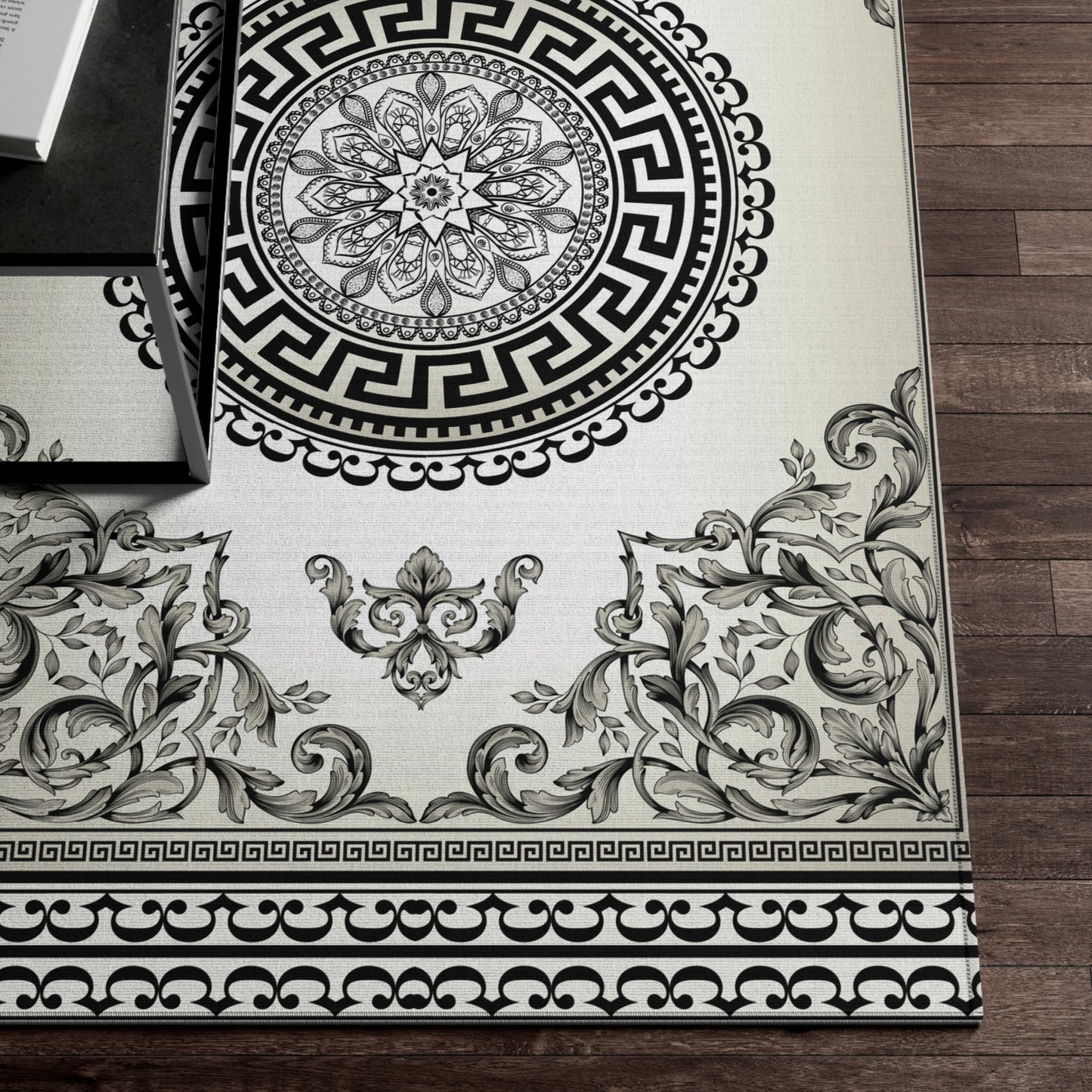 Cream Black Floral Ornate Baroque Greek Key Dornier Rug