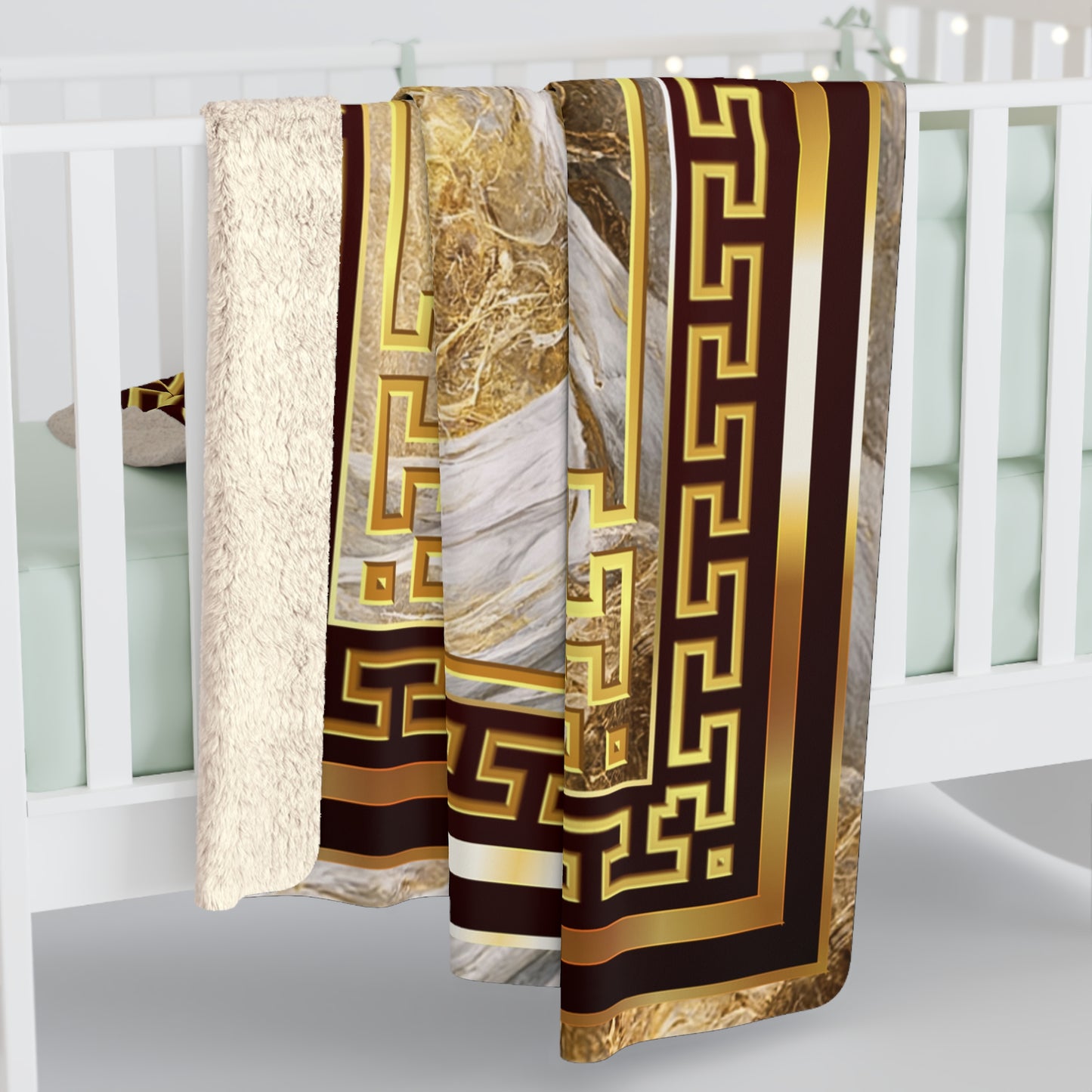 Greek Key GoldWhite Stone Sherpa Fleece Blanket