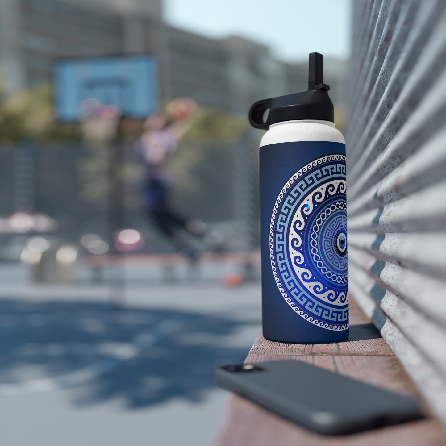 Mati Evil Eye Greek Key Blues Stainless Steel Water Bottle, Standard Lid