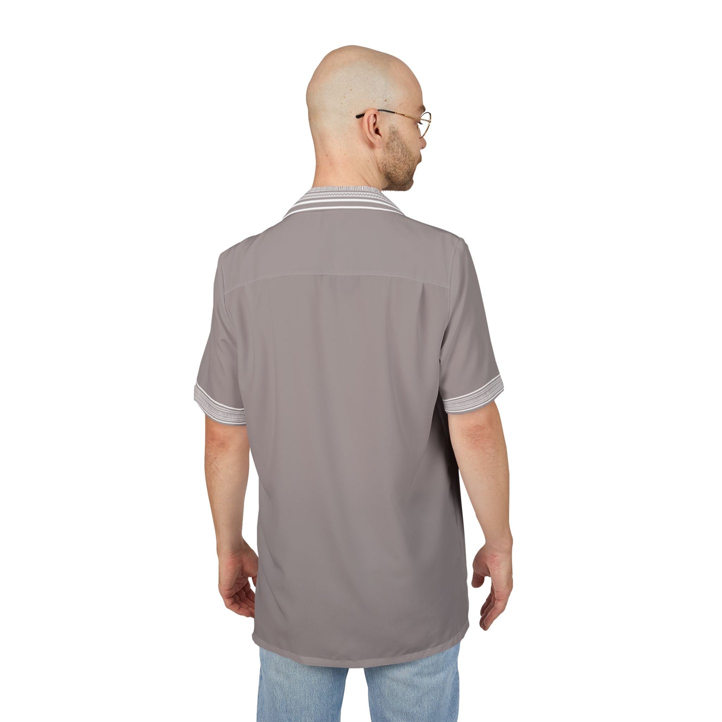 Taupe White Greek Key Hawaiian Button-Down Shirt