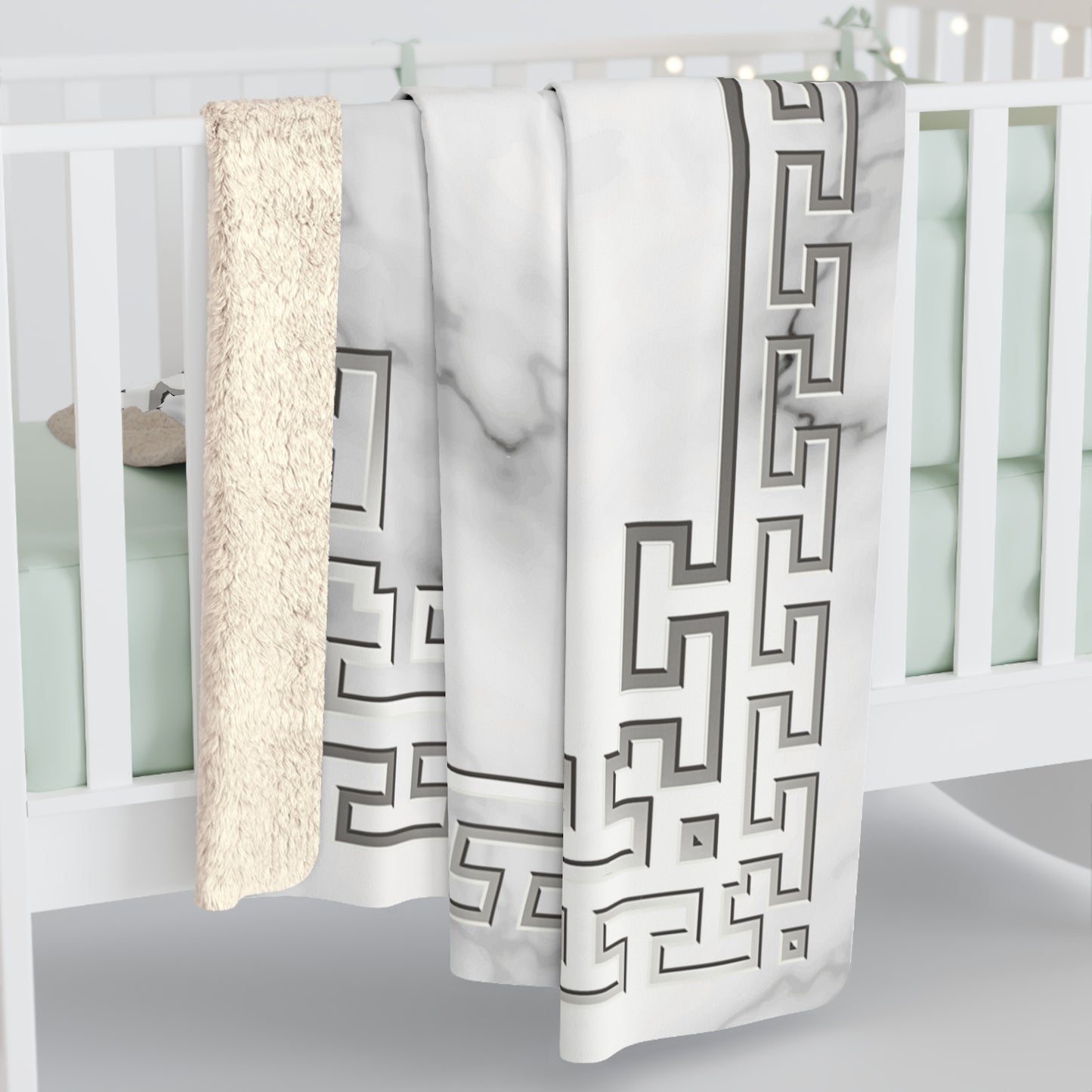 Silver Greek Key White Marble Sherpa Fleece Blanket