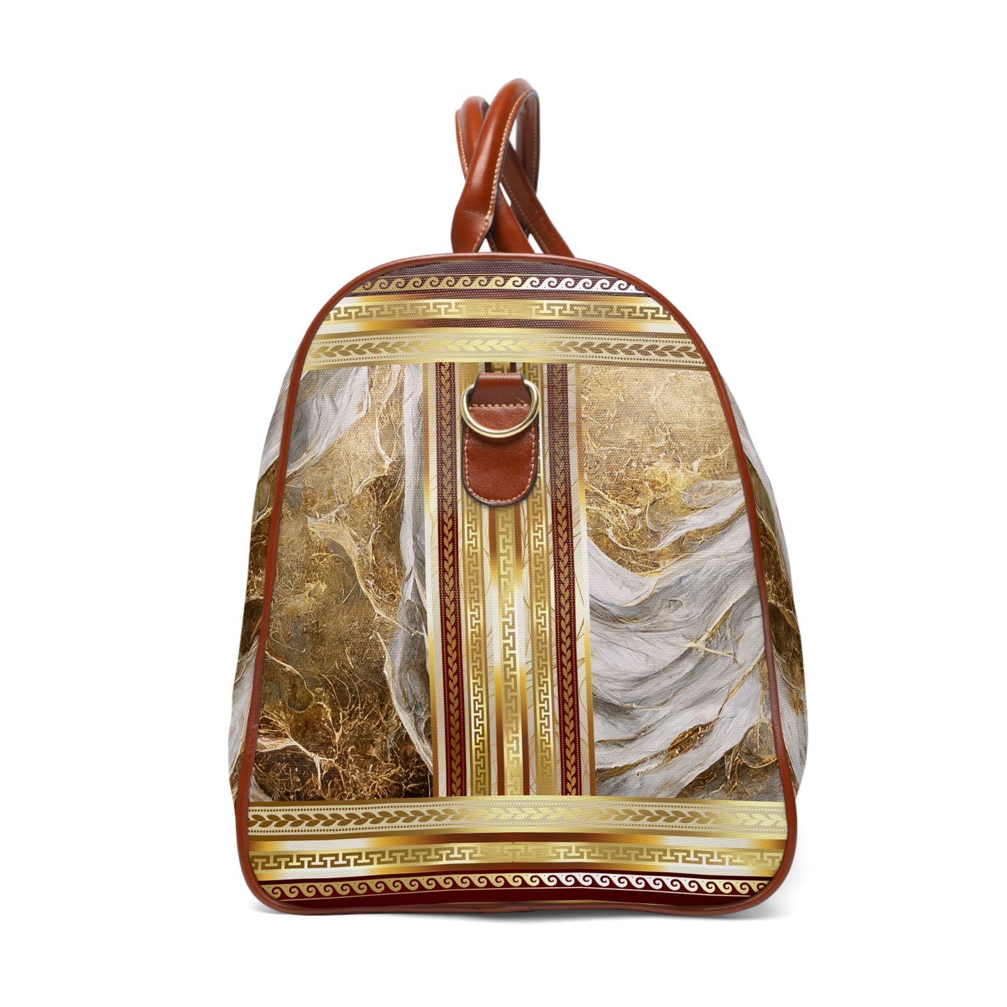 Marbleized Gold White Maroon Greek Keys Waterproof Travel Bag