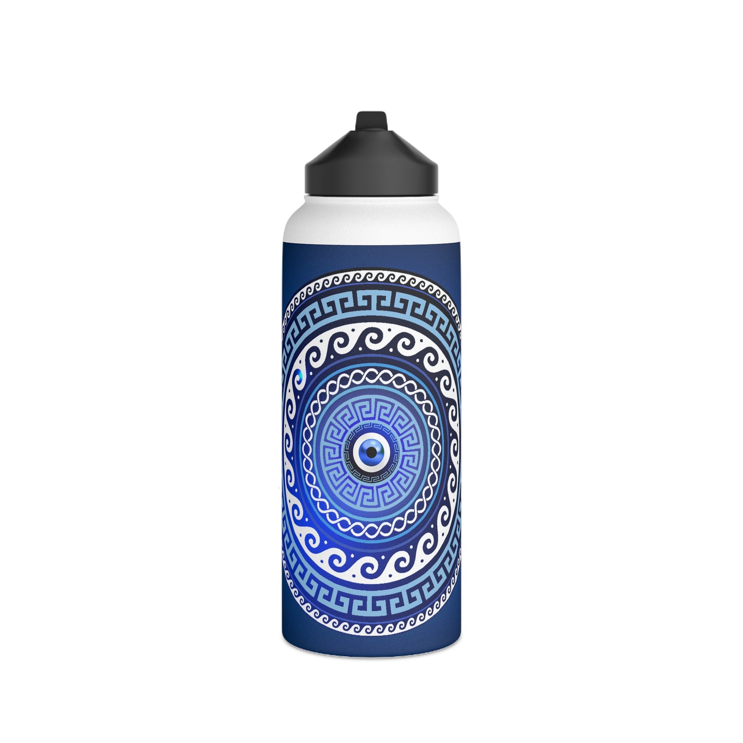 Mati Evil Eye Greek Key Blues Stainless Steel Water Bottle, Standard Lid