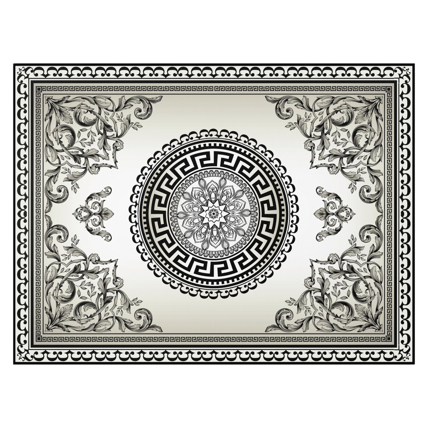 Cream Black Floral Ornate Baroque Greek Key Dornier Rug